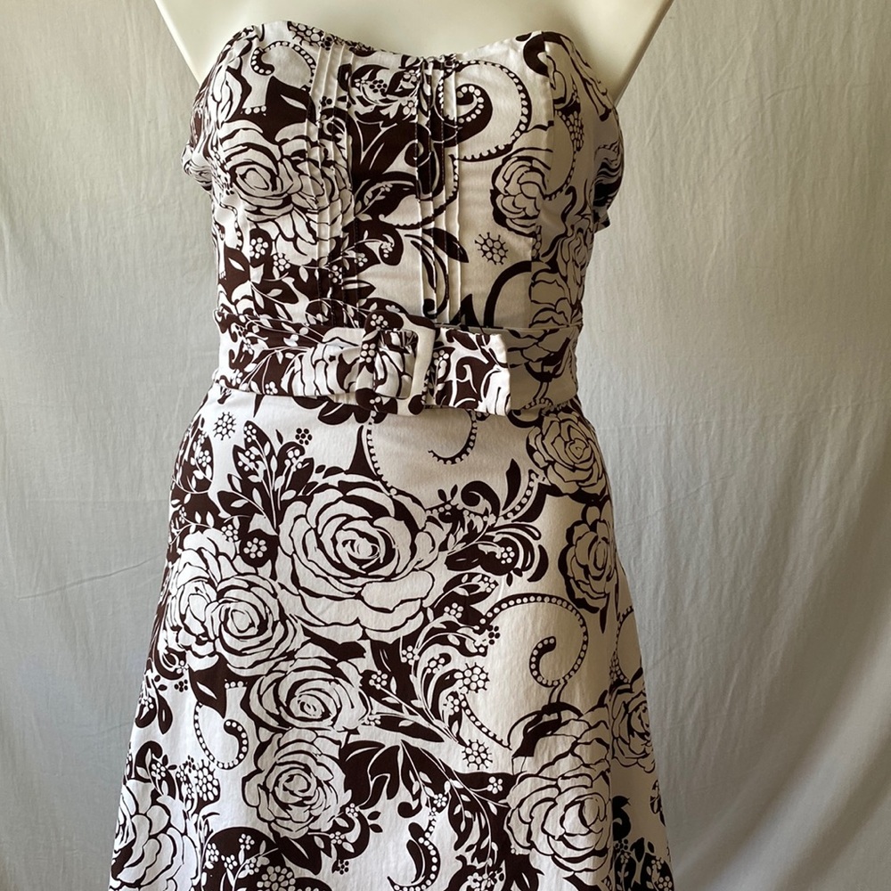 B. Smart White Knee-length Dress with Brown Floral Design Strapless, Size 10